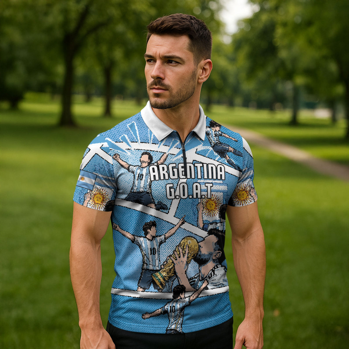 Custom Argentina Football Zipper Polo Shirt Goat Comic Style Sun Of May