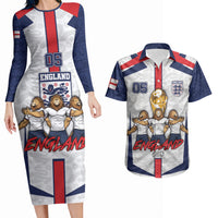 Custom England Football Couples Matching Long Sleeve Bodycon Dress and Hawaiian Shirt Three Lions Trophy St George Cross