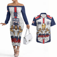 Custom England Football Couples Matching Off The Shoulder Long Sleeve Dress and Hawaiian Shirt Three Lions Trophy St George Cross