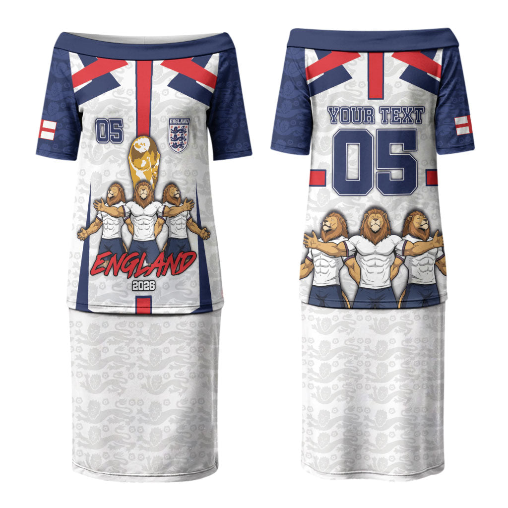 Custom England Football Couples Matching Puletasi and Long Sleeve Button Shirt Three Lions Trophy St George Cross