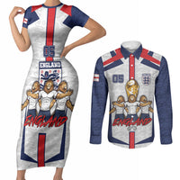 Custom England Football Couples Matching Short Sleeve Bodycon Dress and Long Sleeve Button Shirt Three Lions Trophy St George Cross