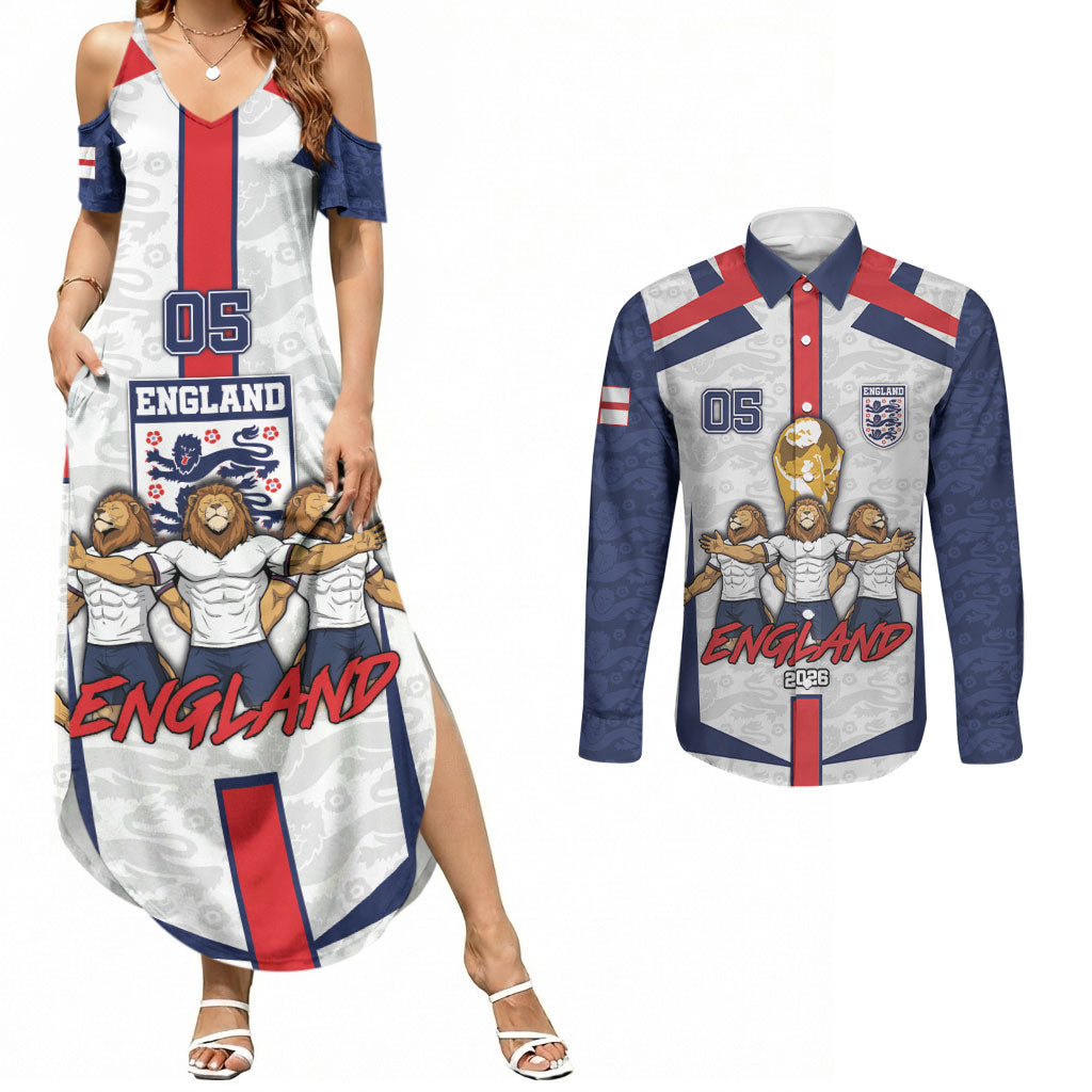 Custom England Football Couples Matching Summer Maxi Dress and Long Sleeve Button Shirt Three Lions Trophy St George Cross