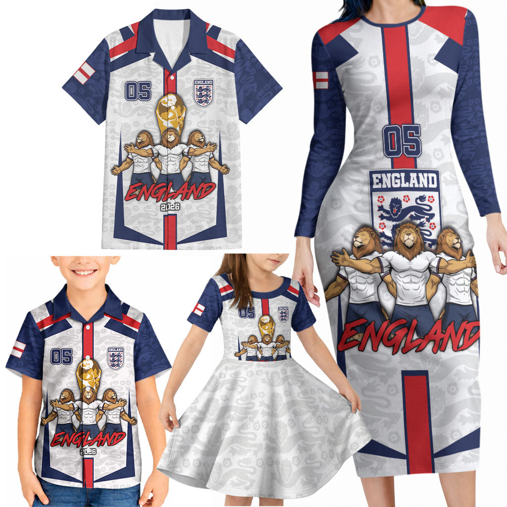 Custom England Football Family Matching Long Sleeve Bodycon Dress and Hawaiian Shirt Three Lions Trophy St George Cross