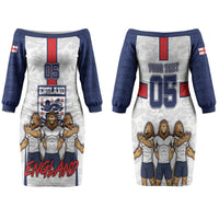 Custom England Football Family Matching Off The Shoulder Long Sleeve Dress and Hawaiian Shirt Three Lions Trophy St George Cross