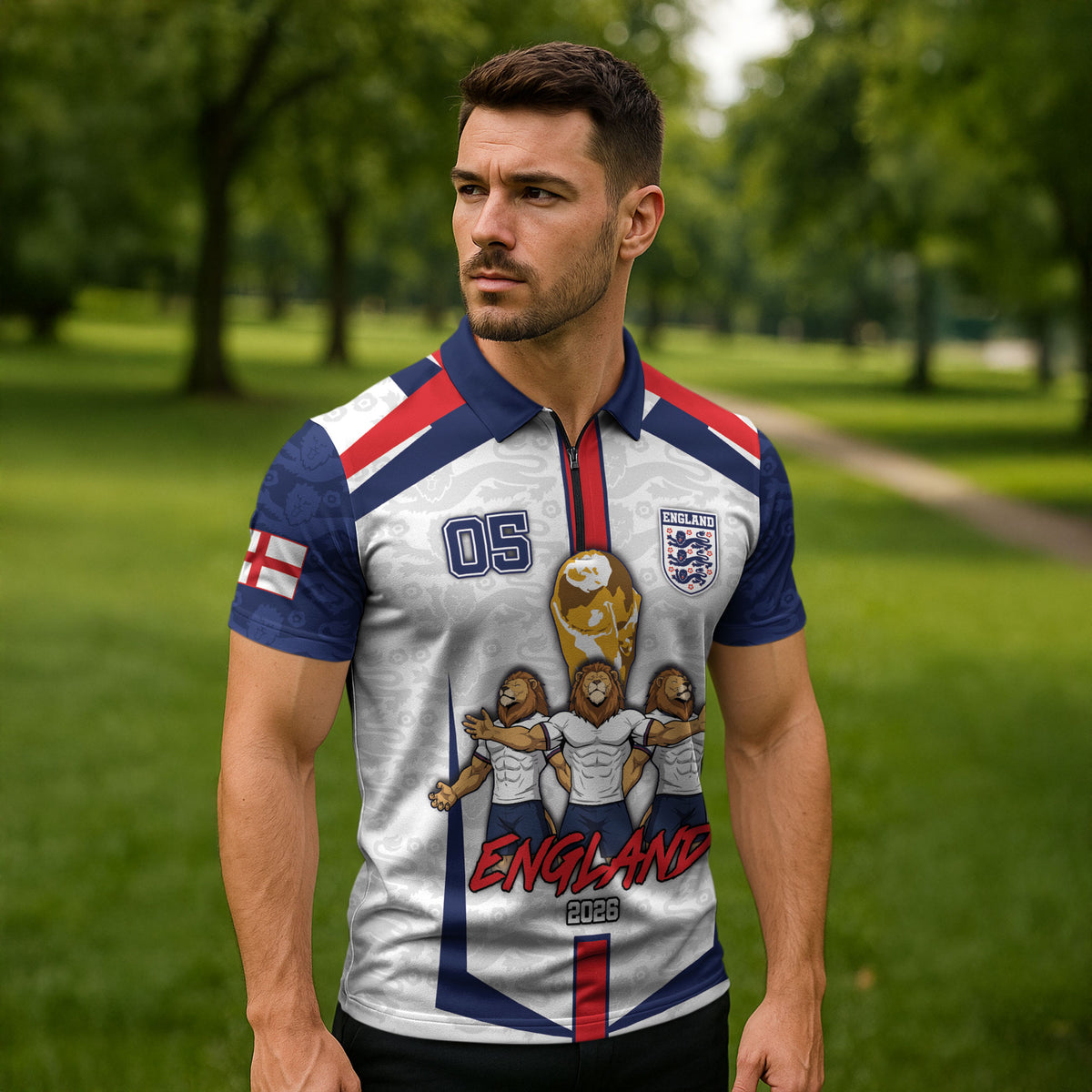 Custom England Football Zipper Polo Shirt Three Lions Trophy St George Cross