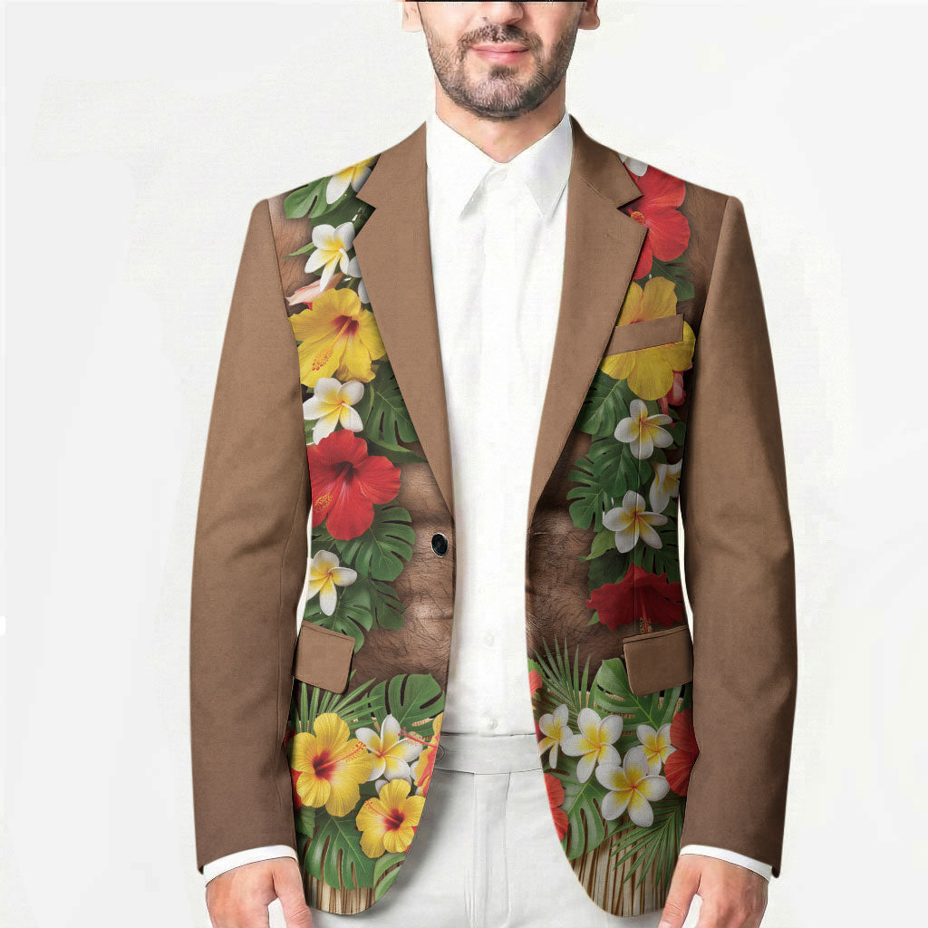 Muscle Hairy Hawaii 3D Funny Graphic Blazer Six Pack Abs Flower Lei Luau Prank DT05 - Polynesian Pride