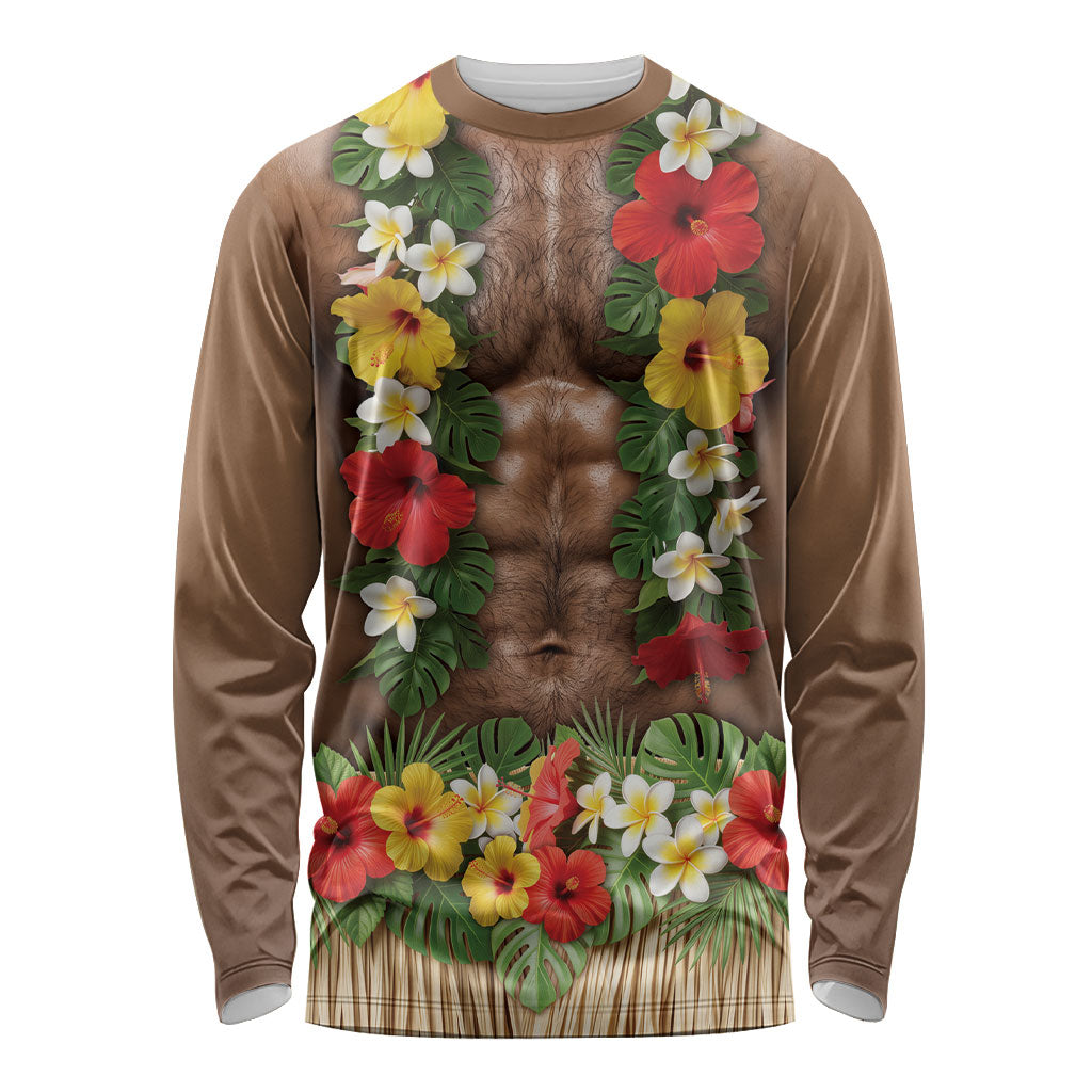 Muscle Hairy Hawaii 3D Funny Graphic Long Sleeve Shirt Six Pack Abs Flower Lei Luau Prank DT05 Unisex Beige - Polynesian Pride