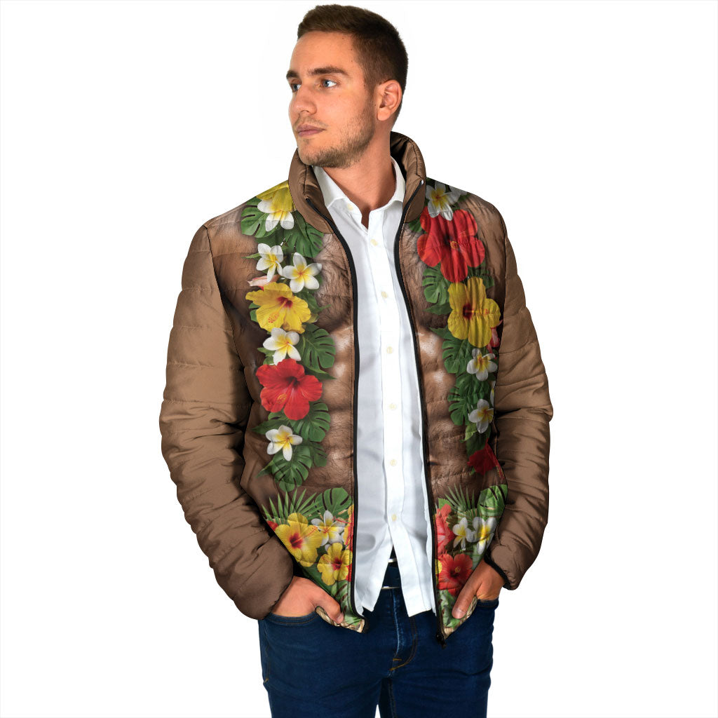 Muscle Hairy Hawaii 3D Funny Graphic Padded Jacket Six Pack Abs Flower Lei Luau Prank DT05 - Polynesian Pride