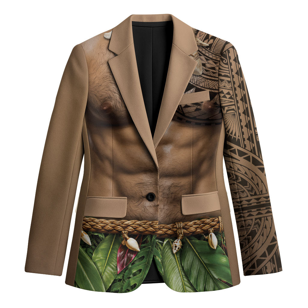 Warrior Muscle Tattoo 3D Funny Graphic Blazer Six Pack Abs Bone Necklace Leaf Skirt DT05 Unisex Beige - Polynesian Pride