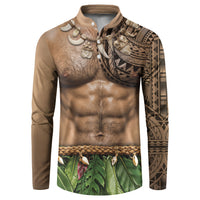 Warrior Muscle Tattoo 3D Funny Graphic Button Sweatshirt Six Pack Abs Bone Necklace Leaf Skirt DT05 Beige - Polynesian Pride