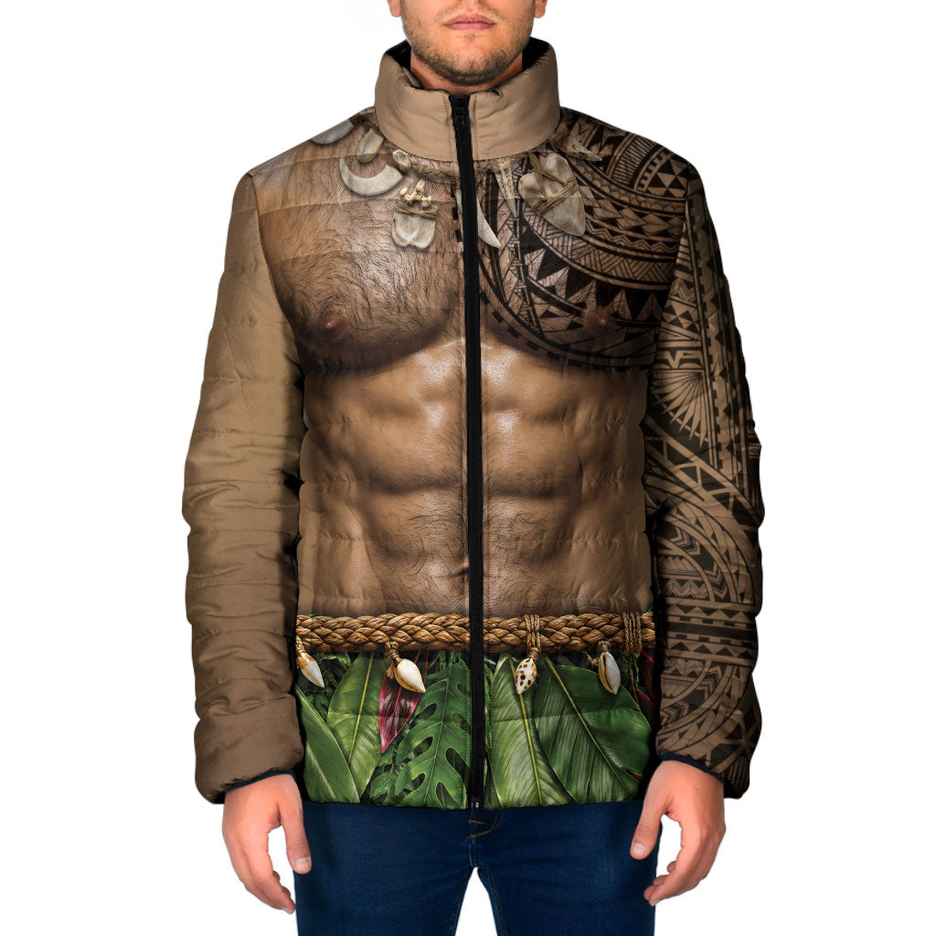 Warrior Muscle Tattoo 3D Funny Graphic Padded Jacket Six Pack Abs Bone Necklace Leaf Skirt DT05 Men Beige - Polynesian Pride