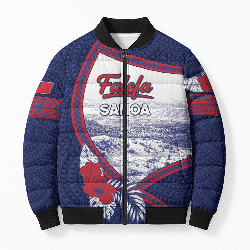 Personalised Falefa Samoa Village Bomber Puffer Jacket Valley Polynesian Tribal Hibiscus Floral