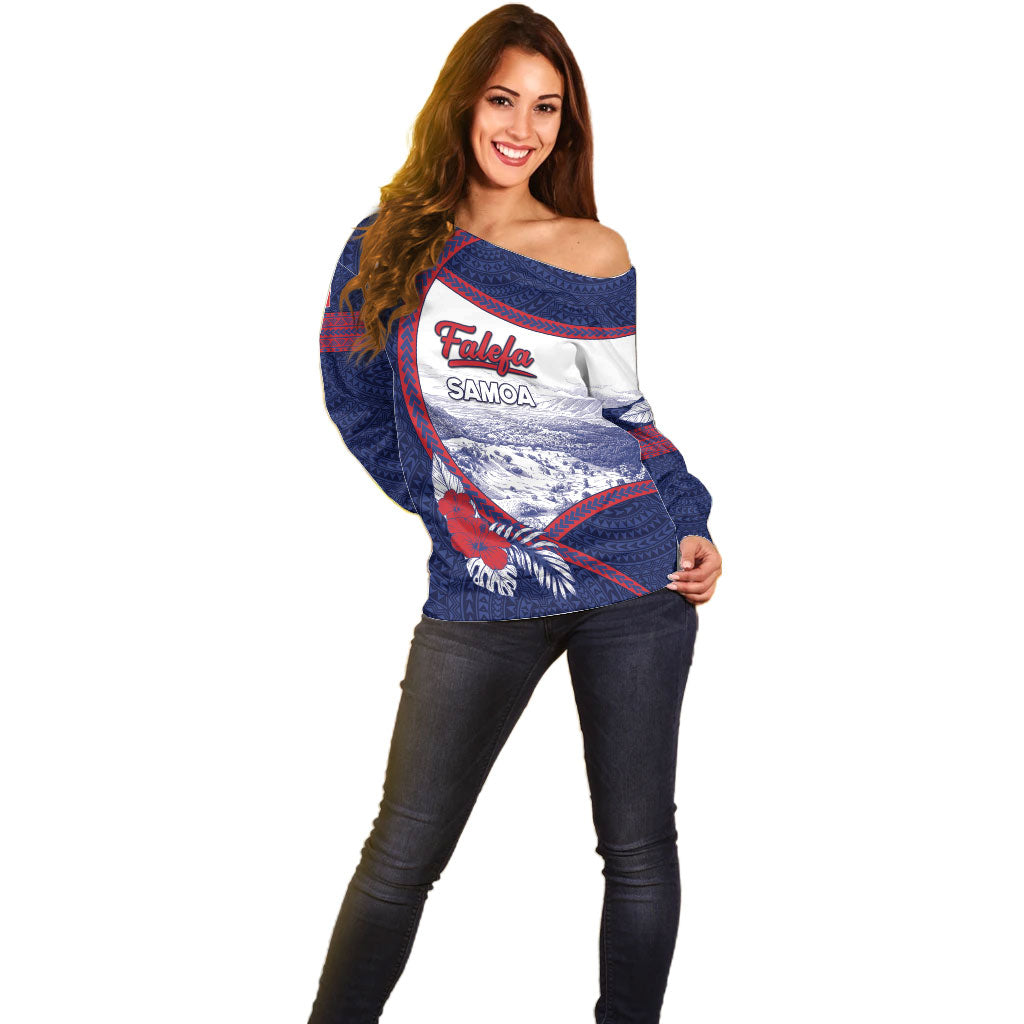 Personalised Falefa Samoa Village Off Shoulder Sweater Valley Polynesian Tribal Hibiscus Floral