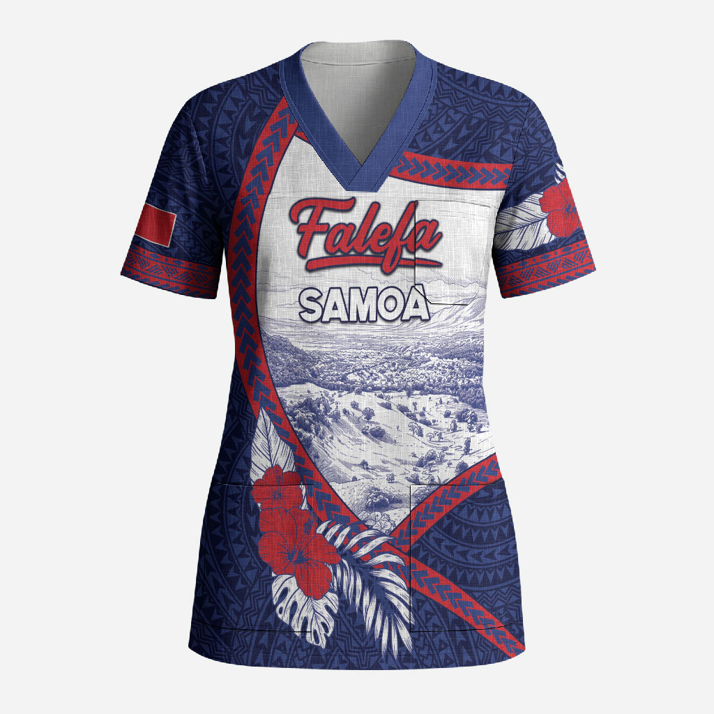Personalised Falefa Samoa Village Scrub Top Valley Polynesian Tribal Hibiscus Floral DT05 Adult Navy - Polynesian Pride