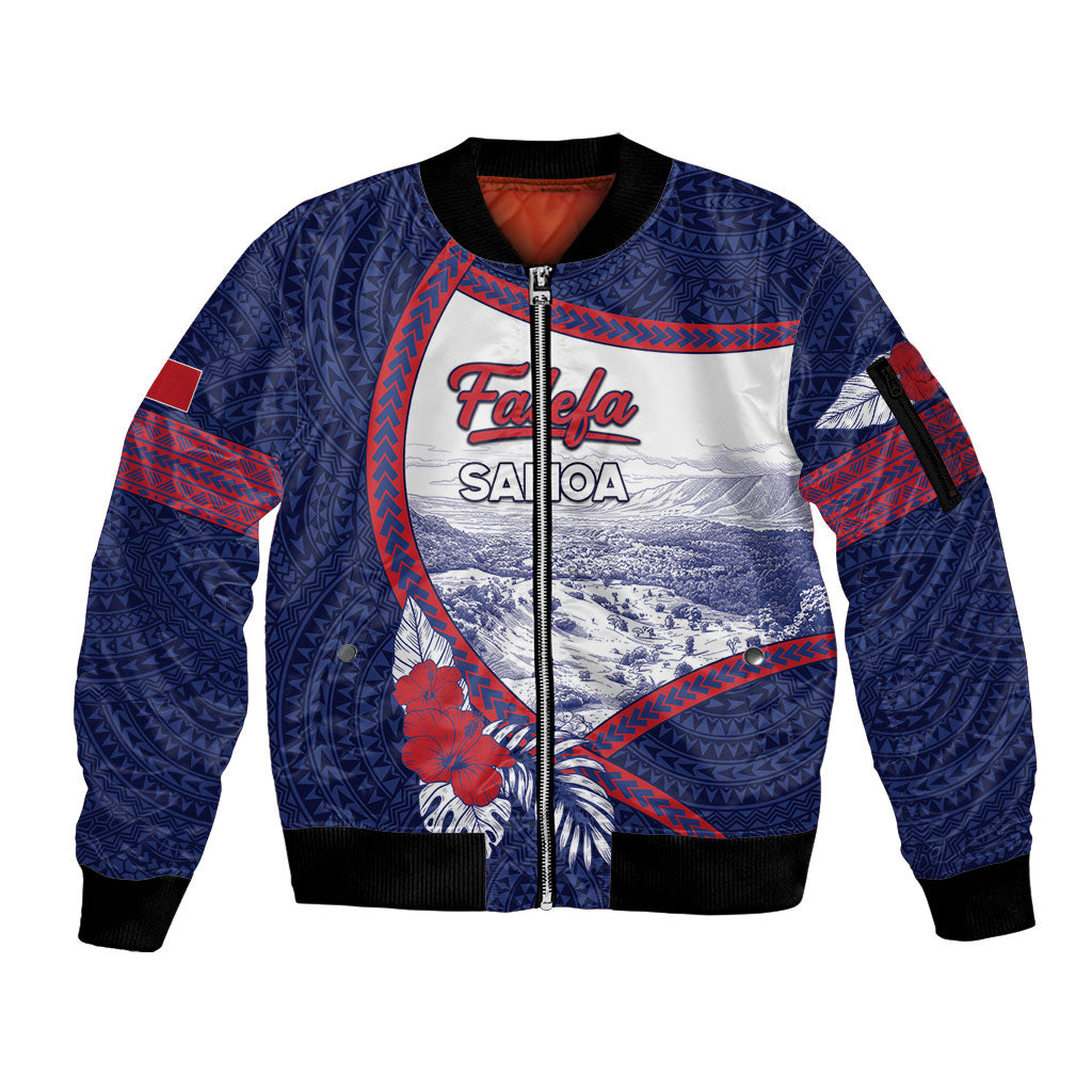 Personalised Falefa Samoa Village Sleeve Zip Bomber Jacket Valley Polynesian Tribal Hibiscus Floral