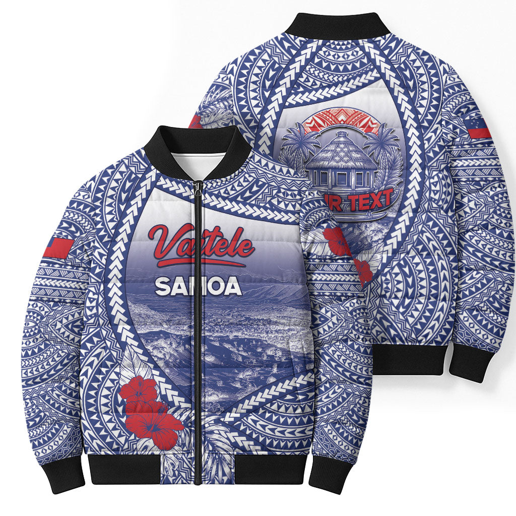 Personalised Vaitele Samoa Village Bomber Puffer Jacket Falefa Valley Polynesian Tribal Hibiscus Floral