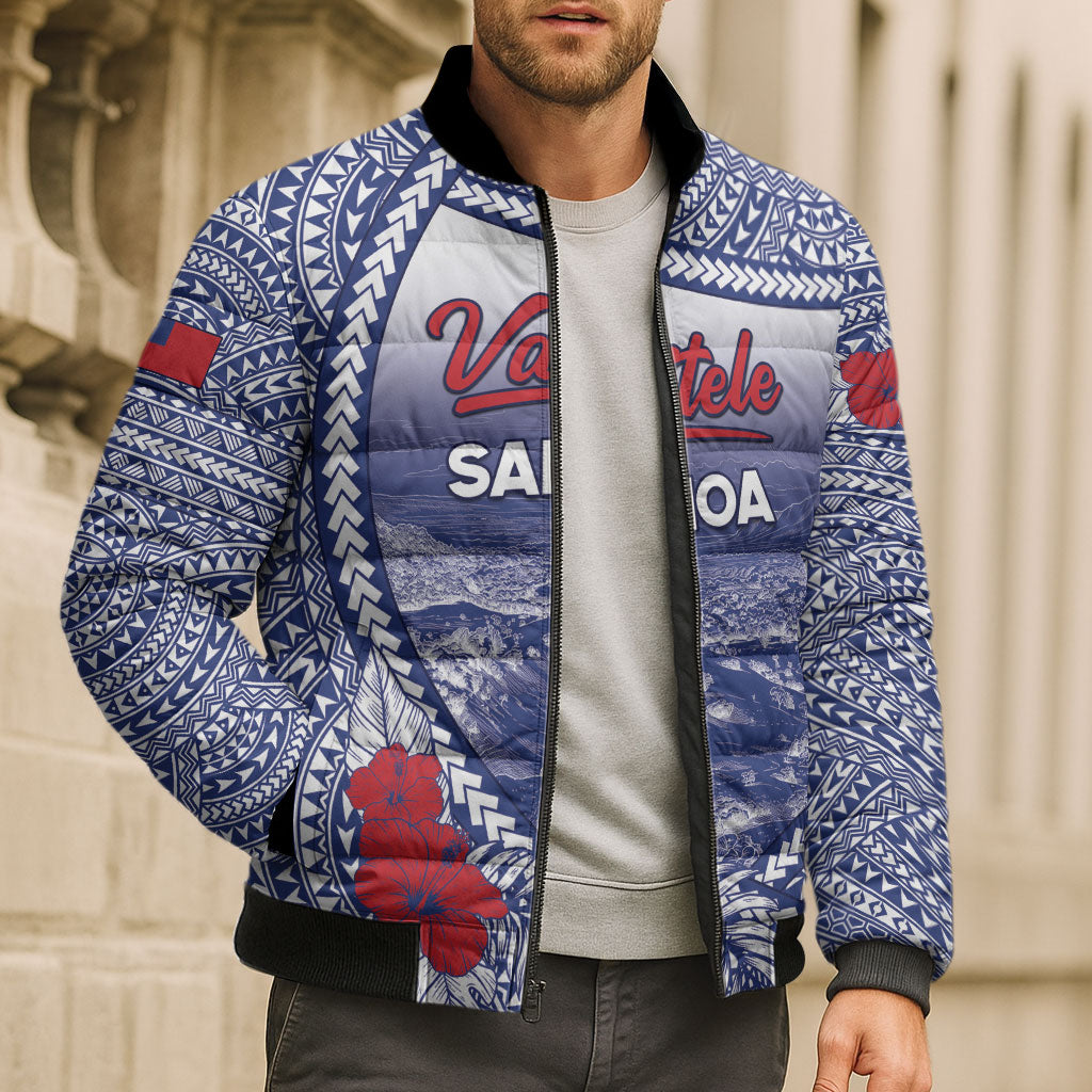Personalised Vaitele Samoa Village Bomber Puffer Jacket Falefa Valley Polynesian Tribal Hibiscus Floral