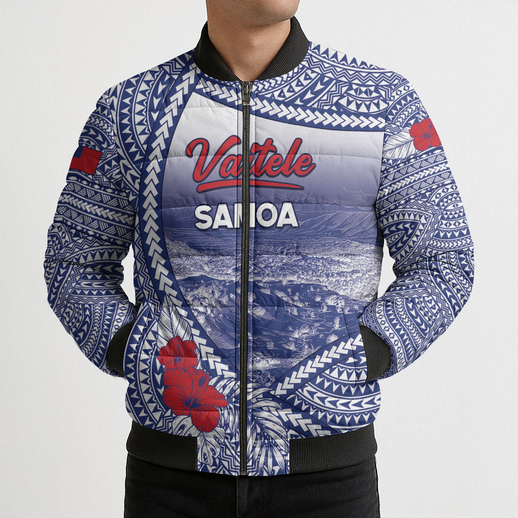 Personalised Vaitele Samoa Village Bomber Puffer Jacket Falefa Valley Polynesian Tribal Hibiscus Floral