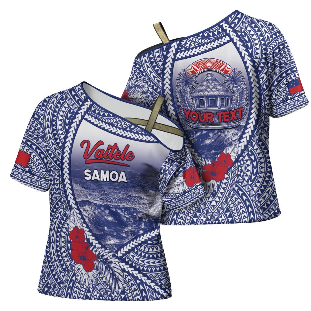 Personalised Vaitele Samoa Village Cross Shoulder Shirt Falefa Valley Polynesian Tribal Hibiscus Floral