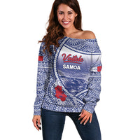 Personalised Vaitele Samoa Village Off Shoulder Sweater Falefa Valley Polynesian Tribal Hibiscus Floral
