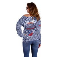 Personalised Vaitele Samoa Village Off Shoulder Sweater Falefa Valley Polynesian Tribal Hibiscus Floral