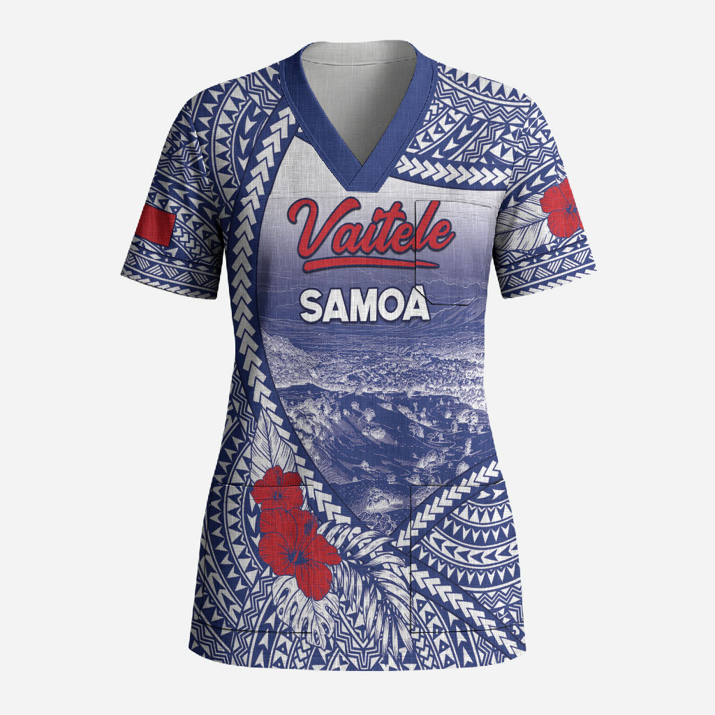 Personalised Vaitele Samoa Village Scrub Top Falefa Valley Polynesian Tribal Hibiscus Floral DT05 Adult White - Polynesian Pride