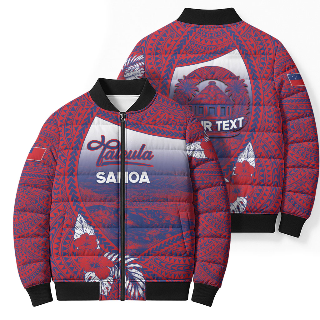 Personalised Faleula Samoa Village Bomber Puffer Jacket Falefa Valley Polynesian Tribal Hibiscus Floral