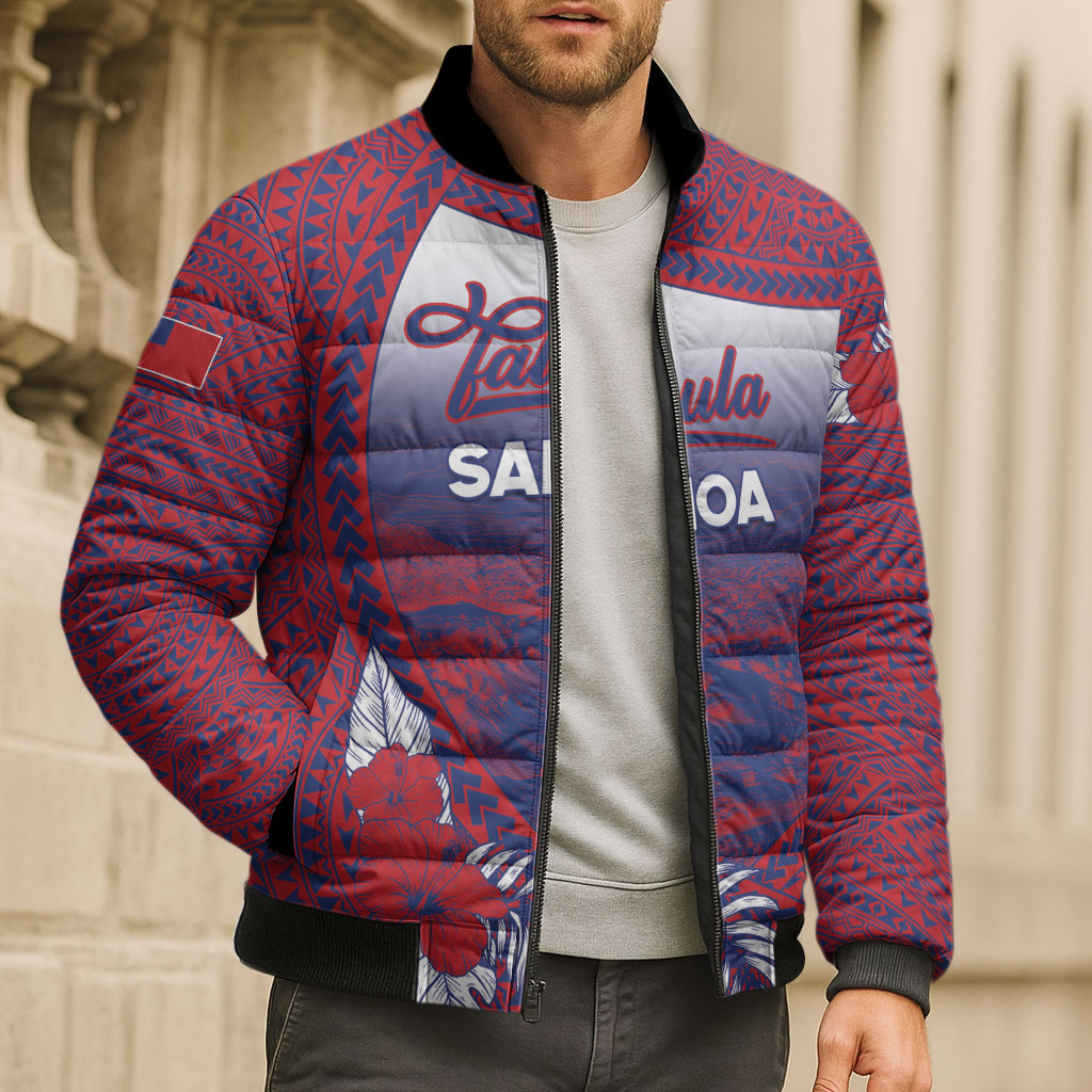 Personalised Faleula Samoa Village Bomber Puffer Jacket Falefa Valley Polynesian Tribal Hibiscus Floral