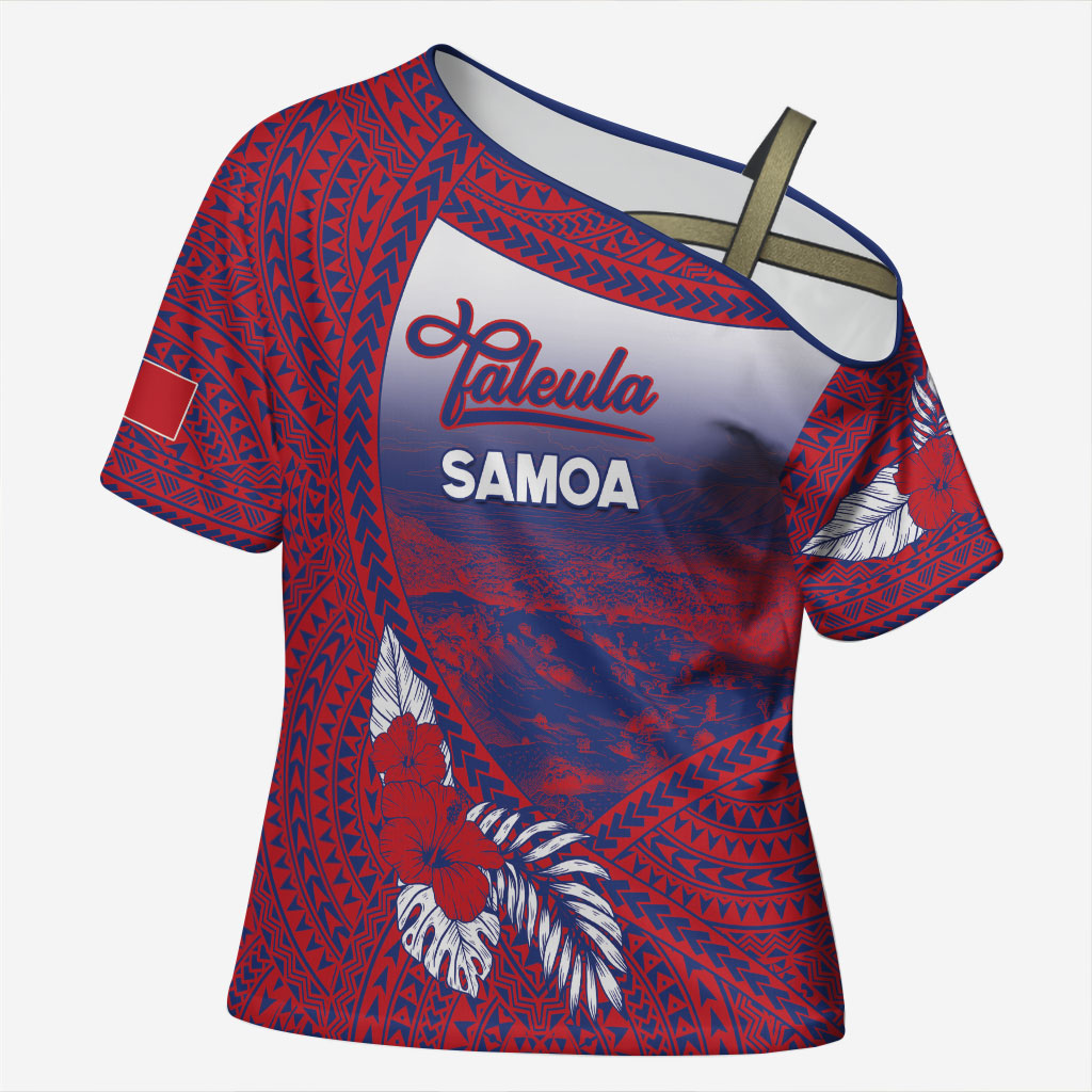 Personalised Faleula Samoa Village Cross Shoulder Shirt Falefa Valley Polynesian Tribal Hibiscus Floral