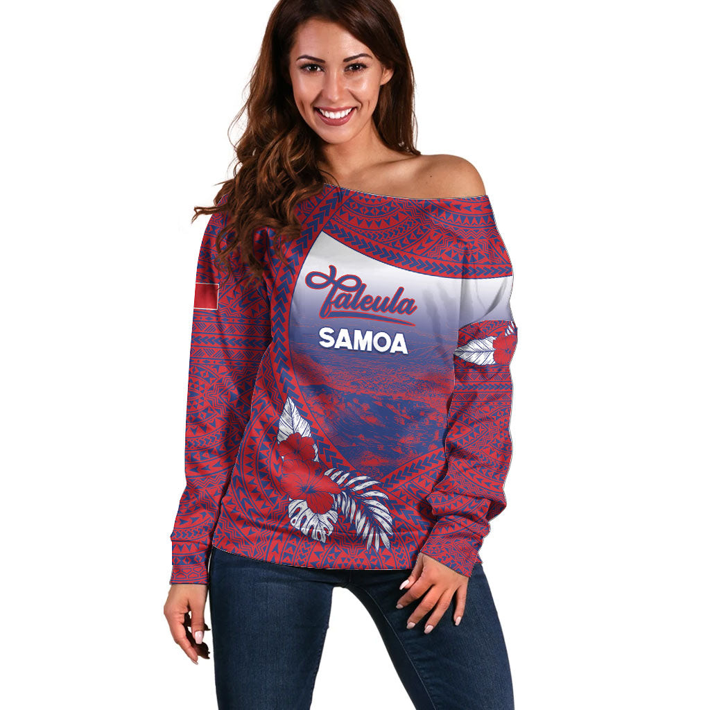 Personalised Faleula Samoa Village Off Shoulder Sweater Falefa Valley Polynesian Tribal Hibiscus Floral