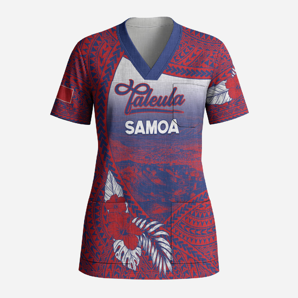 Personalised Faleula Samoa Village Scrub Top Falefa Valley Polynesian Tribal Hibiscus Floral DT05 Adult Red - Polynesian Pride