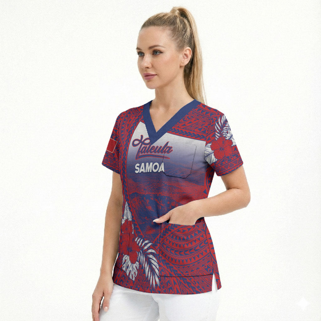 Personalised Faleula Samoa Village Scrub Top Falefa Valley Polynesian Tribal Hibiscus Floral