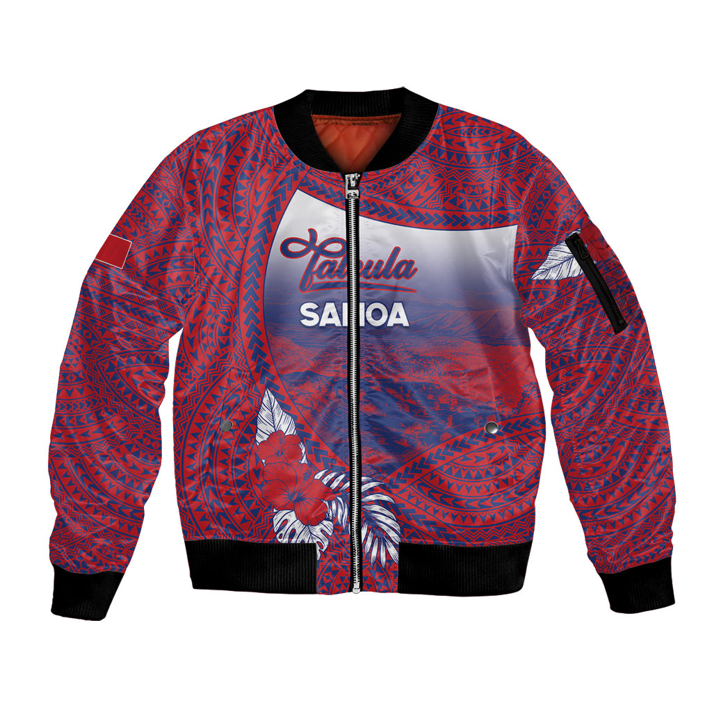 Personalised Faleula Samoa Village Sleeve Zip Bomber Jacket Falefa Valley Polynesian Tribal Hibiscus Floral