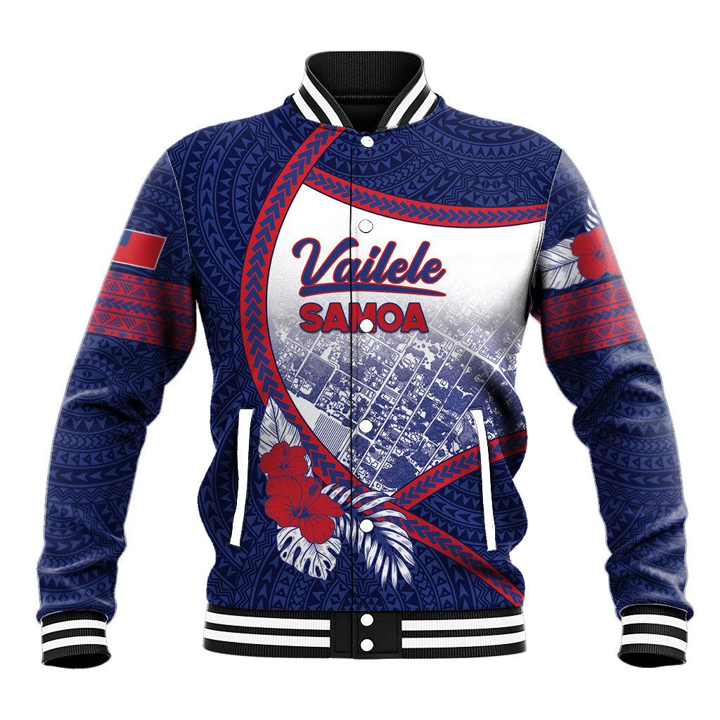 Personalised Vailele Samoa Village Baseball Jacket Map Polynesian Tribal Hibiscus Floral DT05 Unisex Navy - Polynesian Pride
