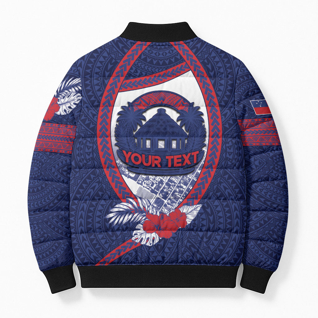 Personalised Vailele Samoa Village Bomber Puffer Jacket Map Polynesian Tribal Hibiscus Floral