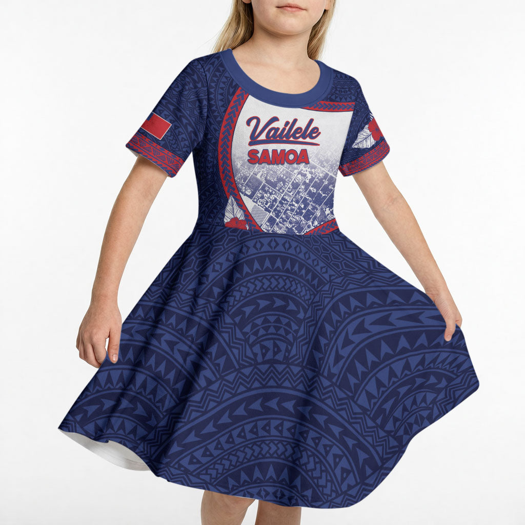 Personalised Vailele Samoa Village Kid Short Sleeve Dress Map Polynesian Tribal Hibiscus Floral