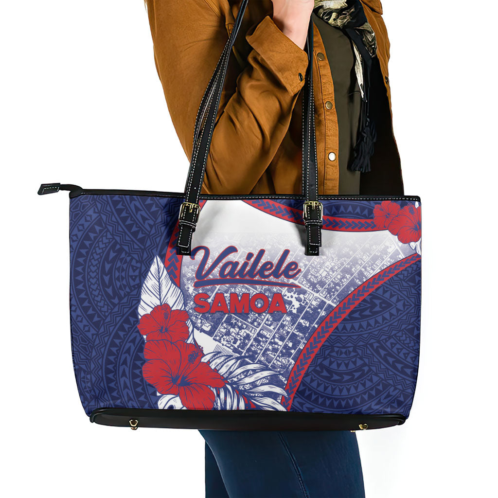 Vailele Samoa Village Leather Tote Bag Map Polynesian Tribal Hibiscus Floral