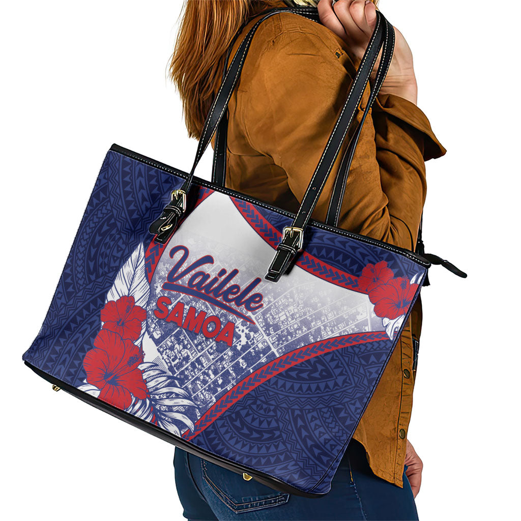 Vailele Samoa Village Leather Tote Bag Map Polynesian Tribal Hibiscus Floral