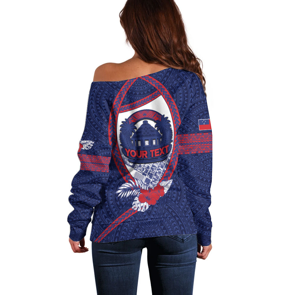 Personalised Vailele Samoa Village Off Shoulder Sweater Map Polynesian Tribal Hibiscus Floral