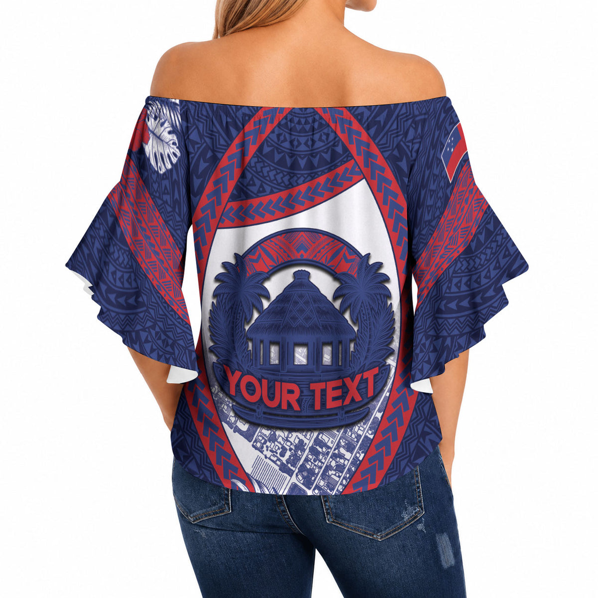 Personalised Vailele Samoa Village Off Shoulder Wrap Waist Top Map Polynesian Tribal Hibiscus Floral