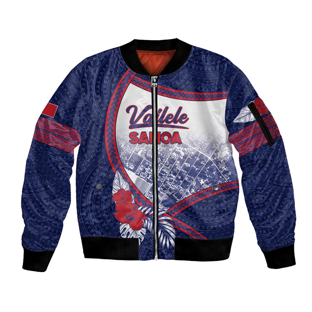 Personalised Vailele Samoa Village Sleeve Zip Bomber Jacket Map Polynesian Tribal Hibiscus Floral