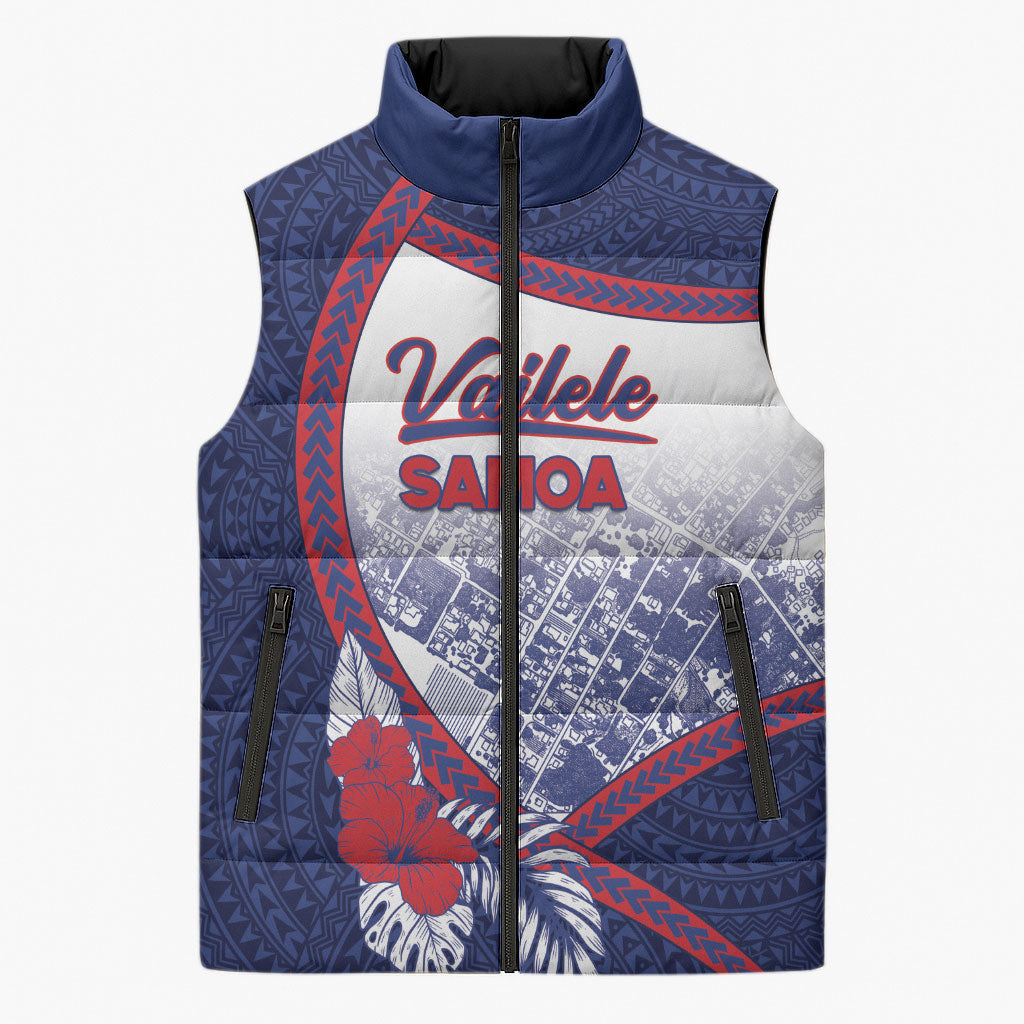 Personalised Vailele Samoa Village Sleeveless Puffer Jacket Map Polynesian Tribal Hibiscus Floral