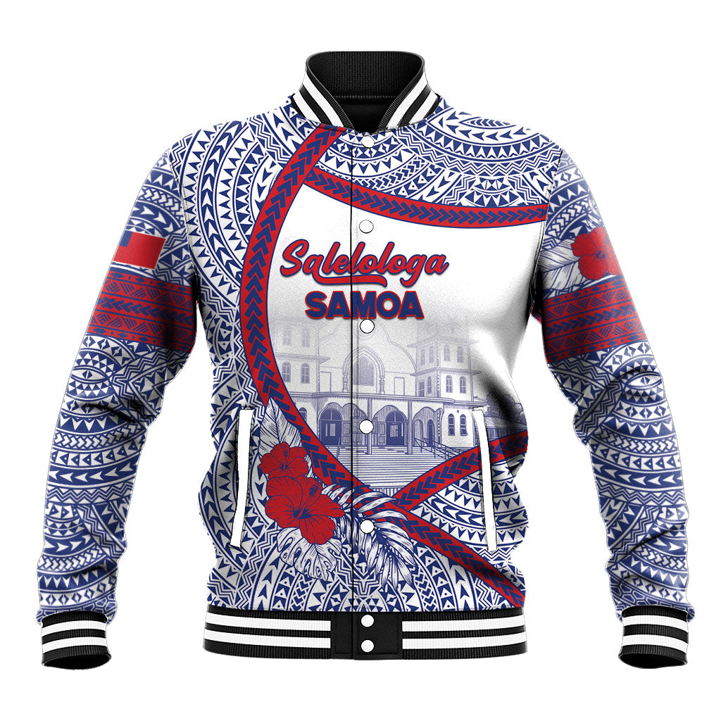 Personalised Salelologa Samoa Village Baseball Jacket Polynesian Tribal Church Landmark Hibiscus Floral DT05 Unisex White - Polynesian Pride