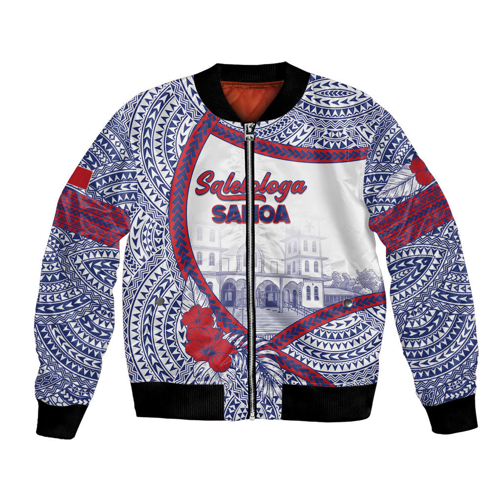 Personalised Salelologa Samoa Village Bomber Jacket Polynesian Tribal Church Landmark Hibiscus Floral