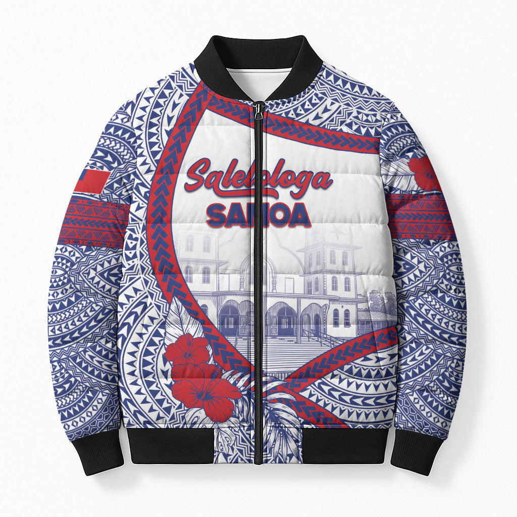 Personalised Salelologa Samoa Village Bomber Puffer Jacket Polynesian Tribal Church Landmark Hibiscus Floral