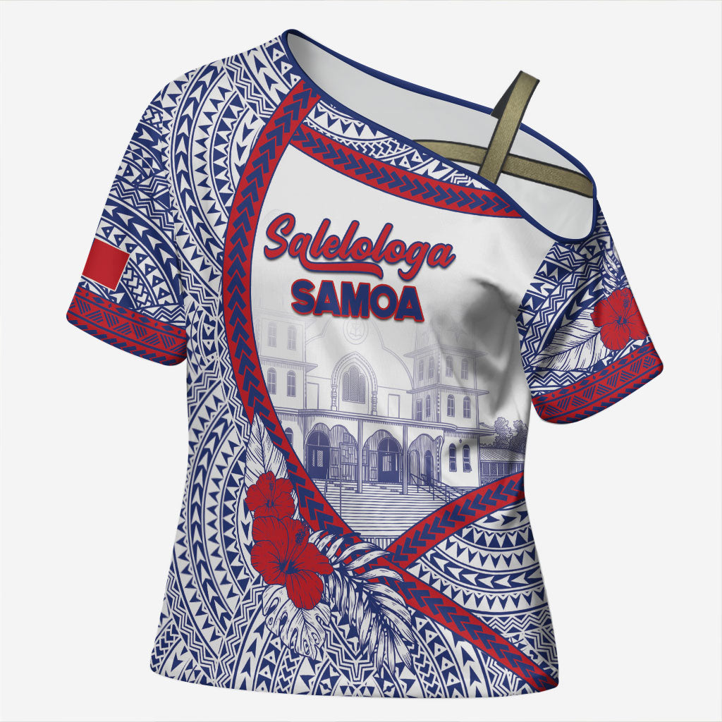 Personalised Salelologa Samoa Village Cross Shoulder Shirt Polynesian Tribal Church Landmark Hibiscus Floral