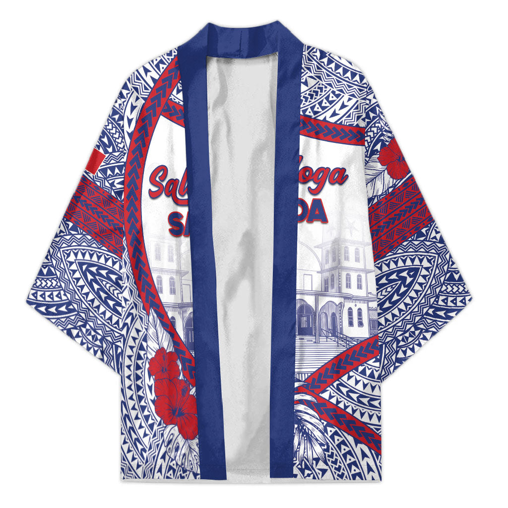 Personalised Salelologa Samoa Village Kimono Polynesian Tribal Church Landmark Hibiscus Floral DT05 Unisex White - Polynesian Pride