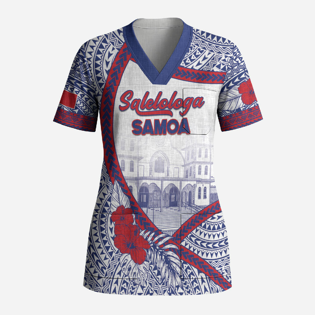 Personalised Salelologa Samoa Village Scrub Top Polynesian Tribal Church Landmark Hibiscus Floral DT05 Adult White - Polynesian Pride