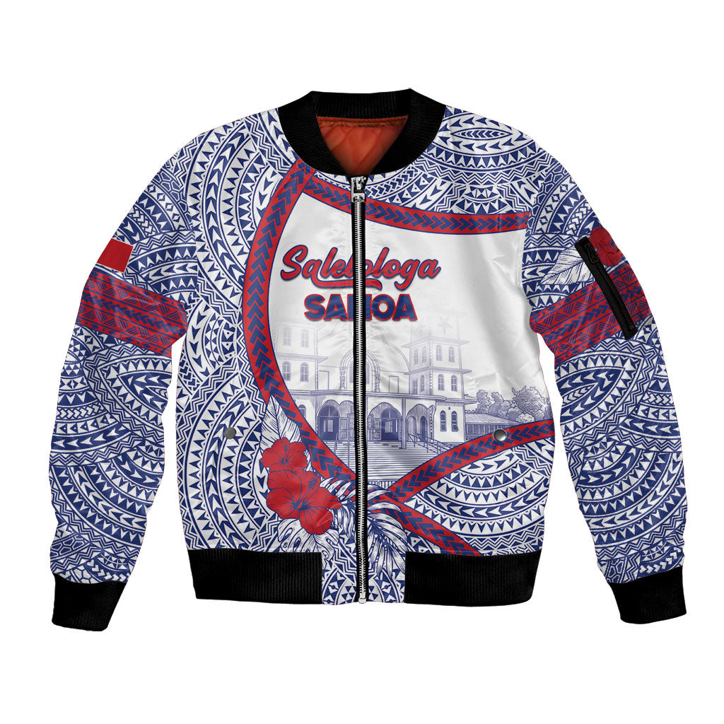 Personalised Salelologa Samoa Village Sleeve Zip Bomber Jacket Polynesian Tribal Church Landmark Hibiscus Floral