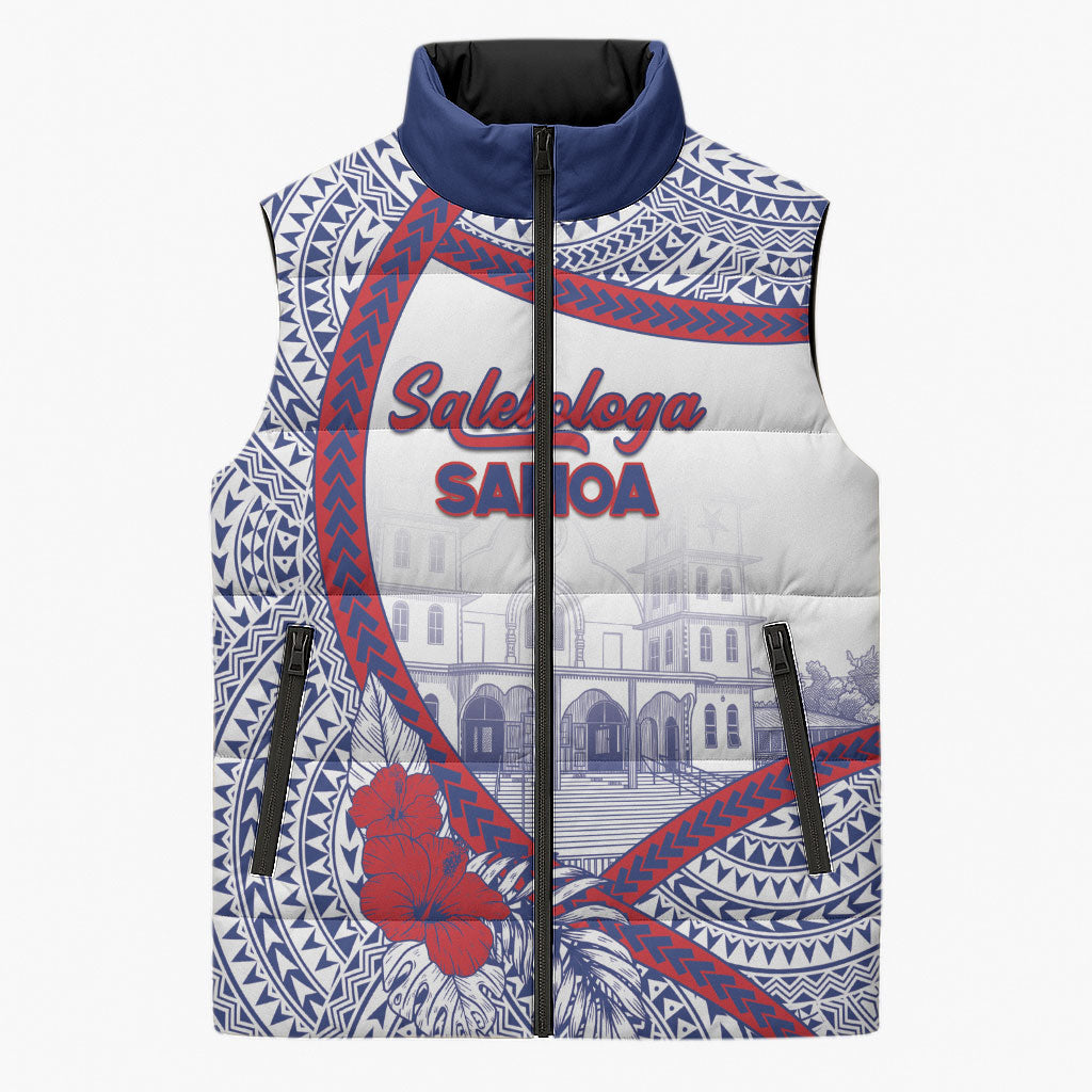 Personalised Salelologa Samoa Village Sleeveless Puffer Jacket Polynesian Tribal Church Landmark Hibiscus Floral